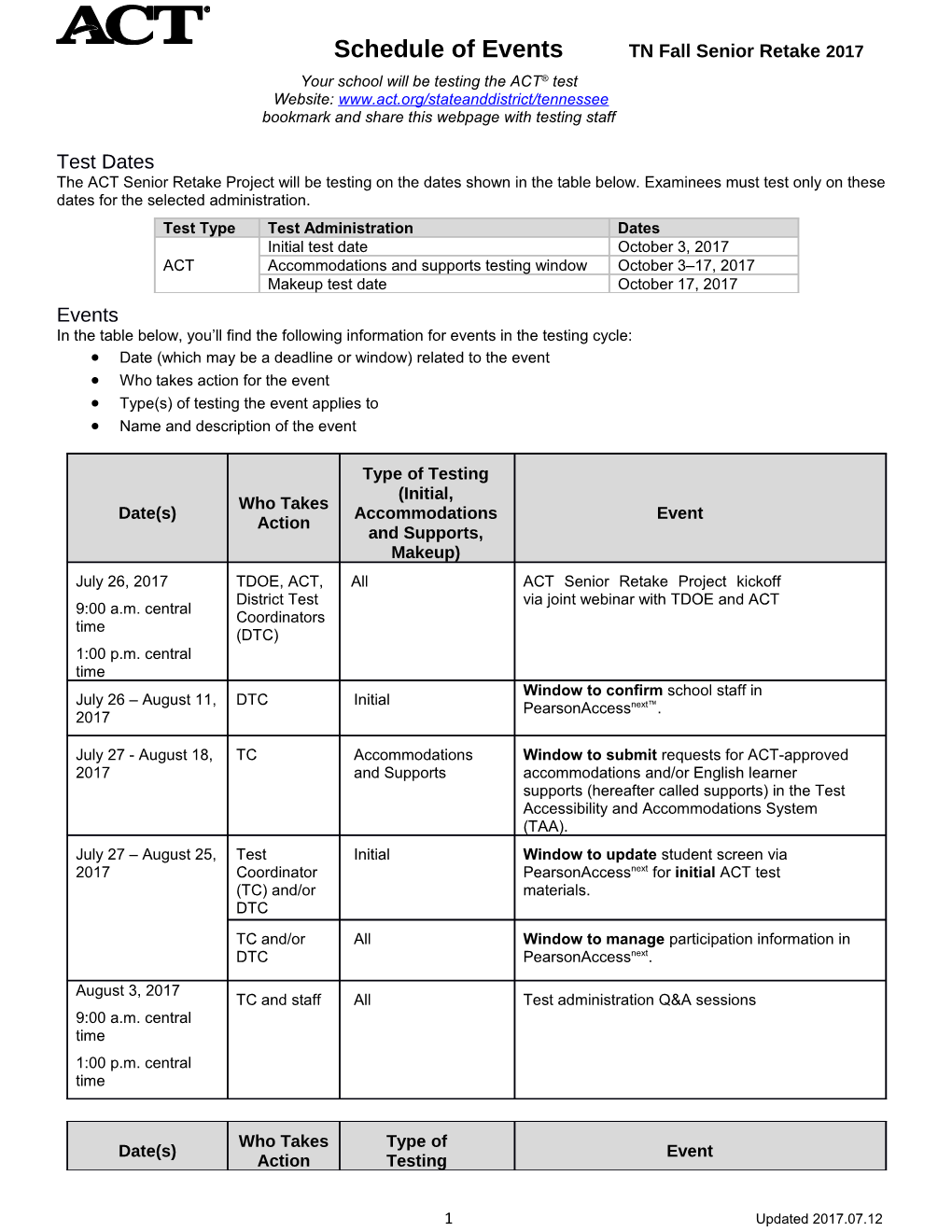 Template - Schedule of Events - State and District