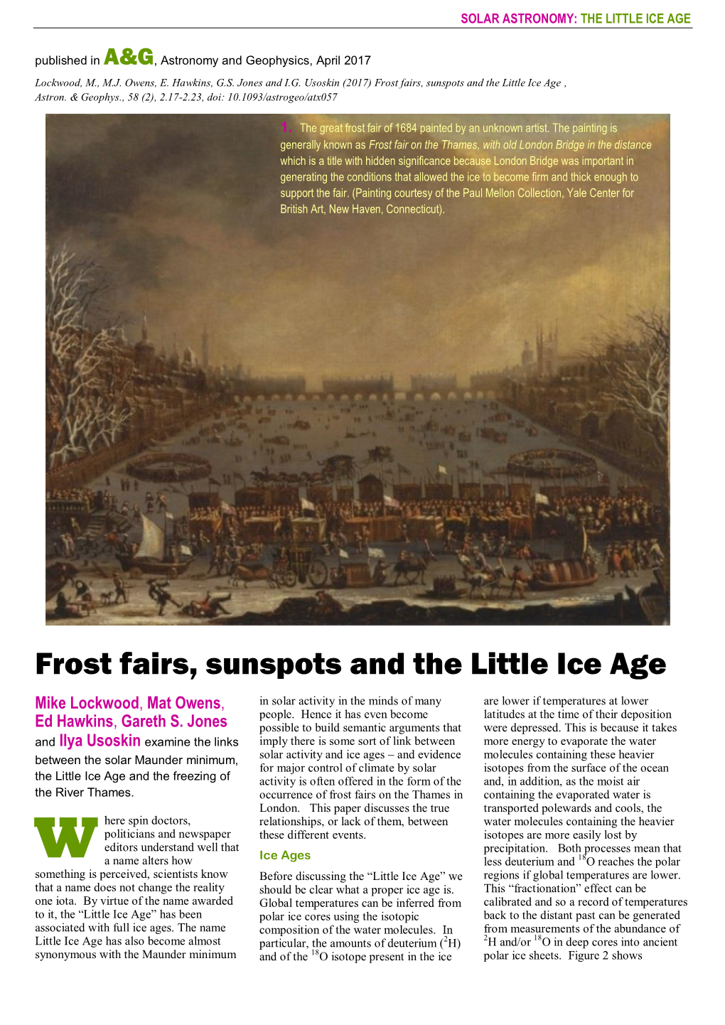 Frost Fairs, Sunspots and the Little Ice Age , Astron