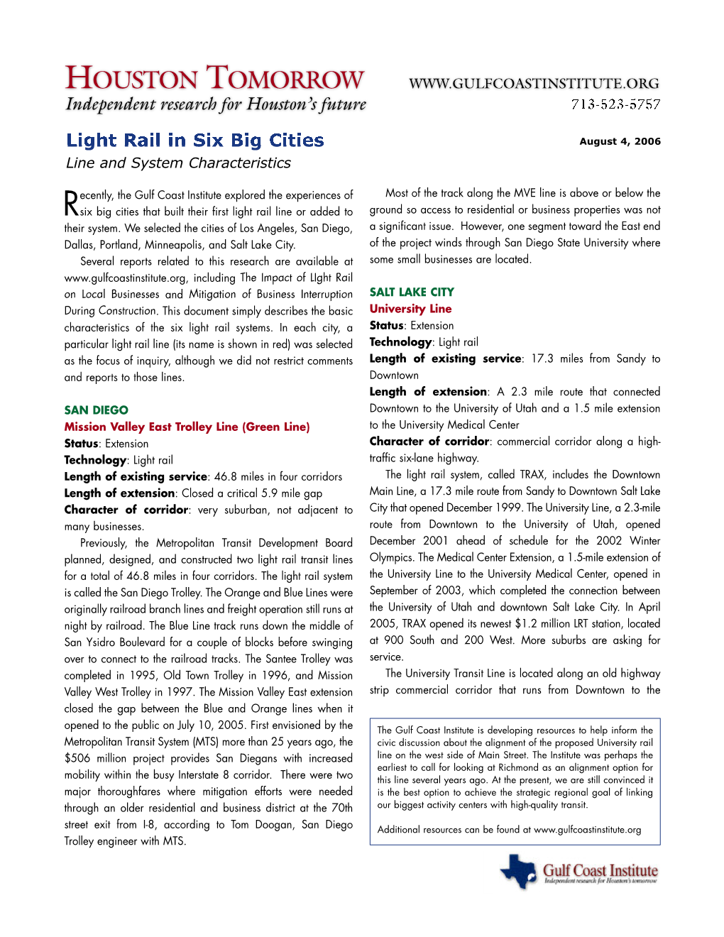 Characteristics of Light Rail in Six Cities