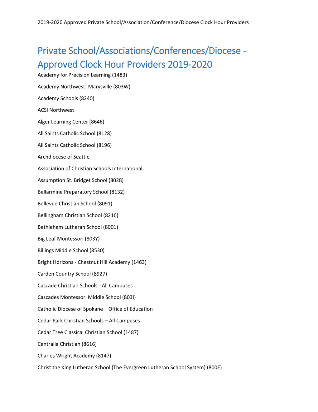 2019-2020 Approved Private School Providers