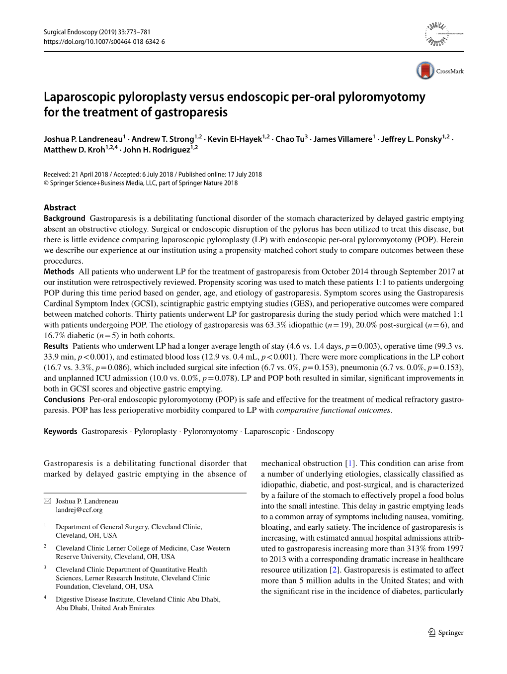 Laparoscopic Pyloroplasty Versus Endoscopic Per-Oral Pyloromyotomy for the Treatment of Gastroparesis