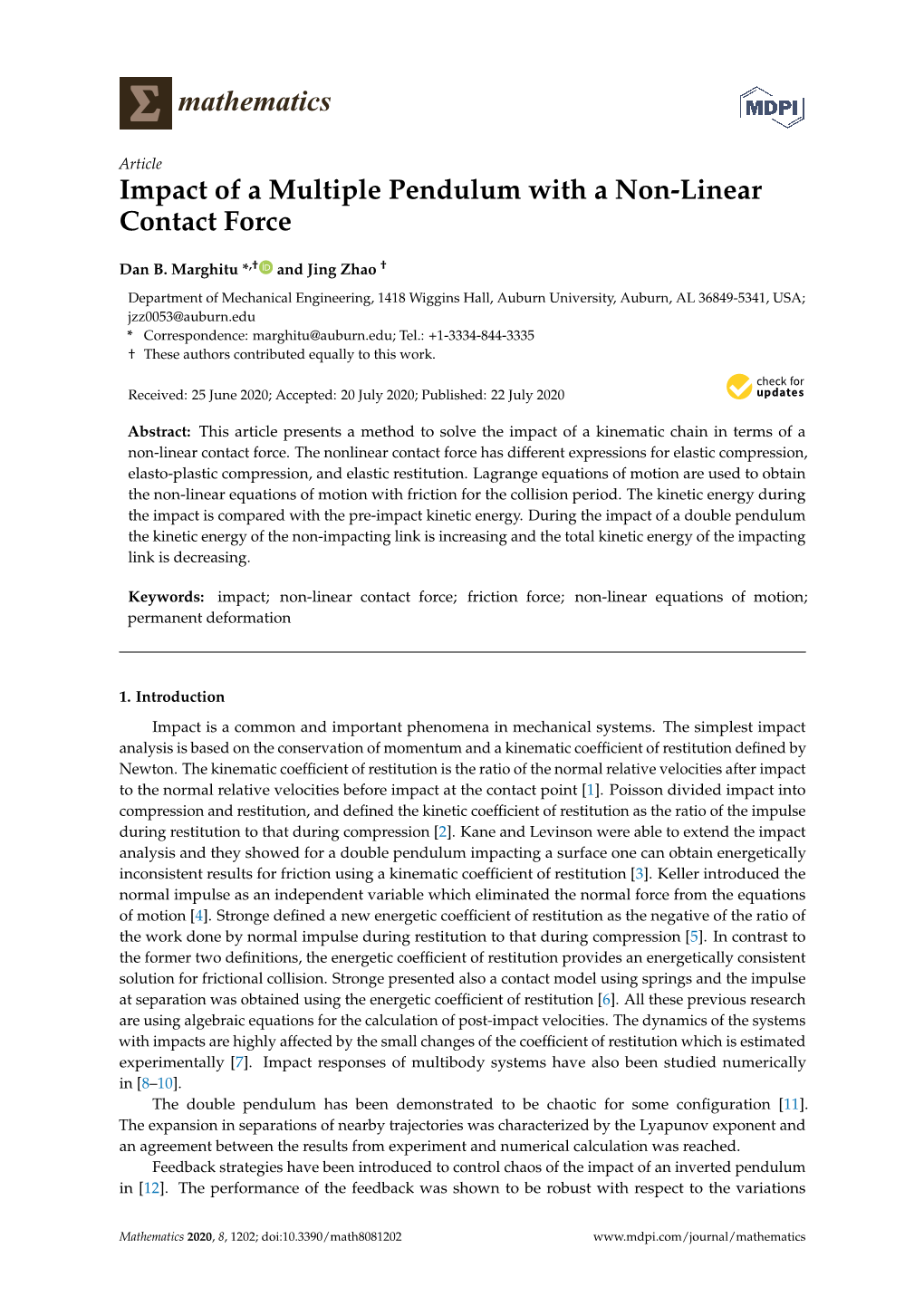 Impact of a Multiple Pendulum with a Non-Linear Contact Force