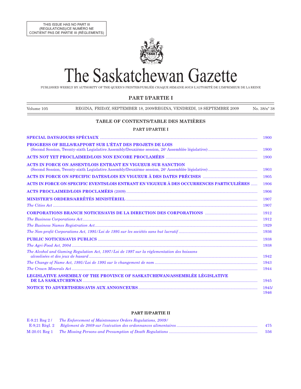 Sask Gazette, Part I, September 18, 2009