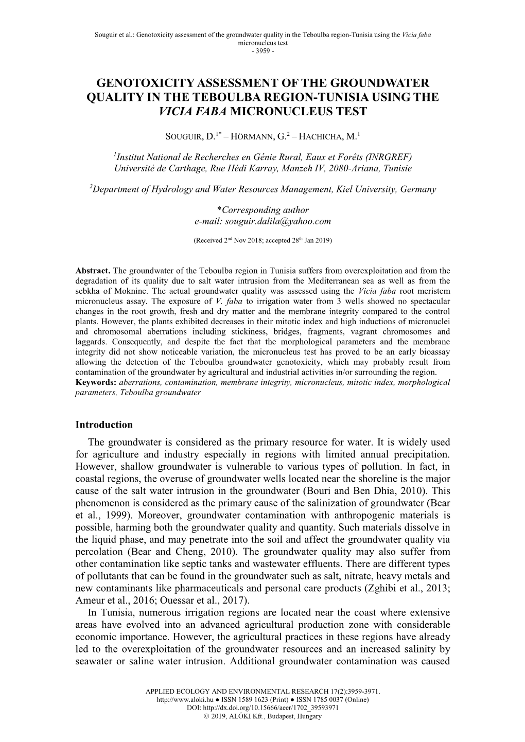 Genotoxicity Assessment of the Groundwater Quality in the Teboulba Region-Tunisia Using the Vicia Faba Micronucleus Test - 3959