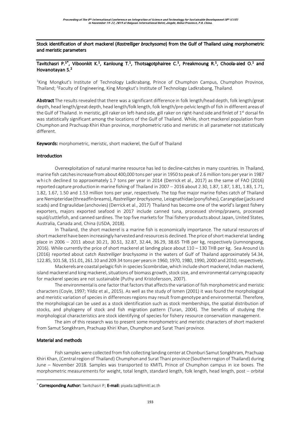 Stock Identification of Short Mackerel (Rastrelliger Brachysoma) from the Gulf of Thailand Using Morphometric and Meristic Parameters