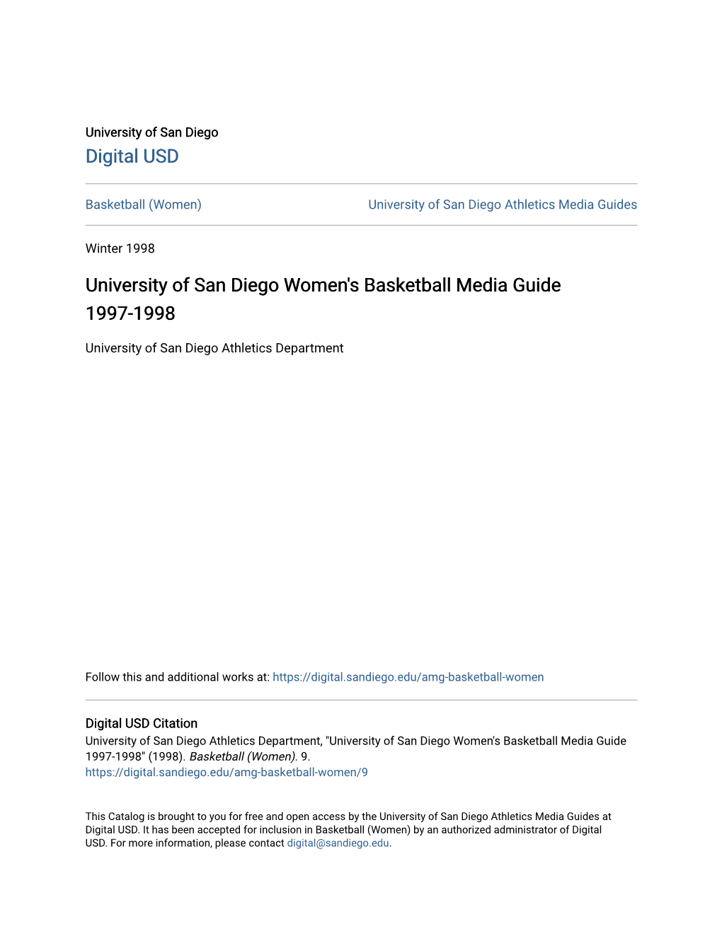 University of San Diego Women's Basketball Media Guide 1997-1998