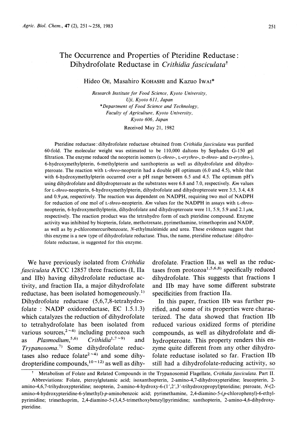 Dihydrofolate Reductase in Crithidia Fasciculate