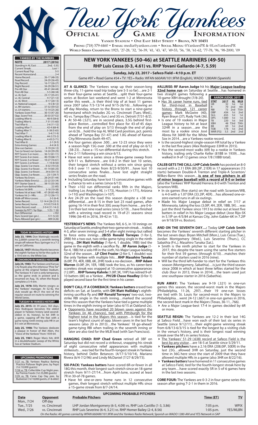 NYY Game Notes