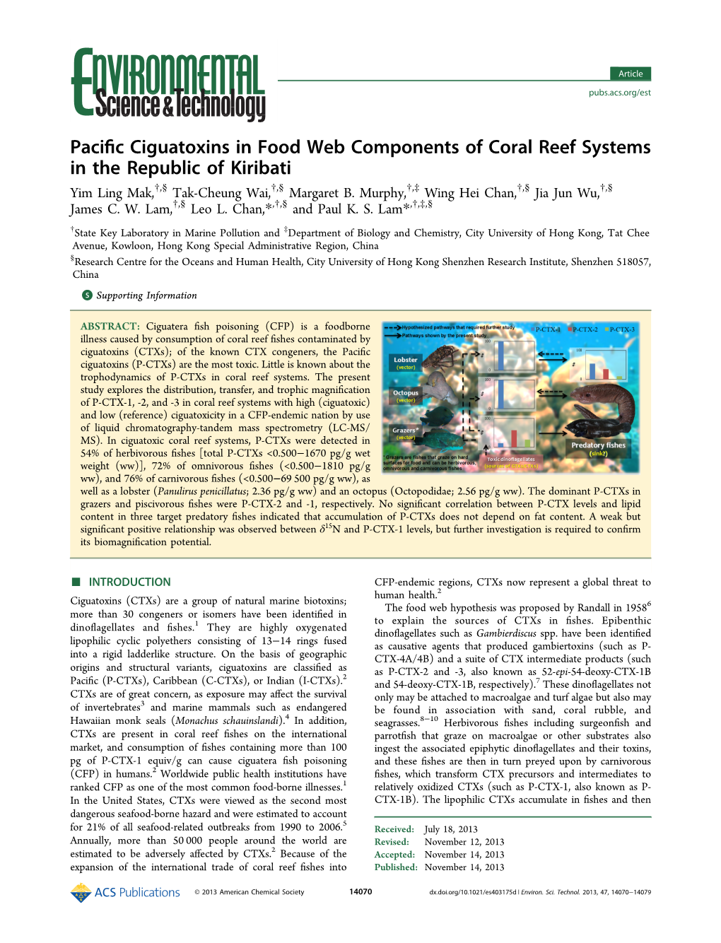 Pacific Ciguatoxins in Food Web Components of Coral Reef Systems
