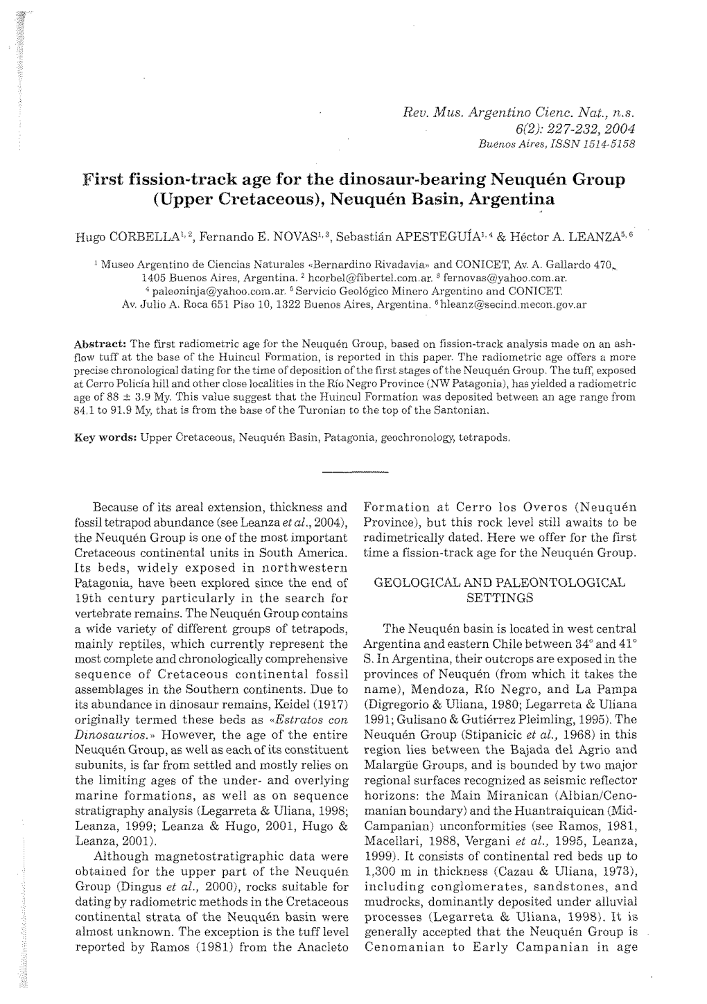 First Fission-Track Age for the Dinosaur-Bearing Neuqukn Group (Upper Cretaceous),Neuqukn Basin, Argentina Ffugo CC)RBEI,L.A!', E'erriando E