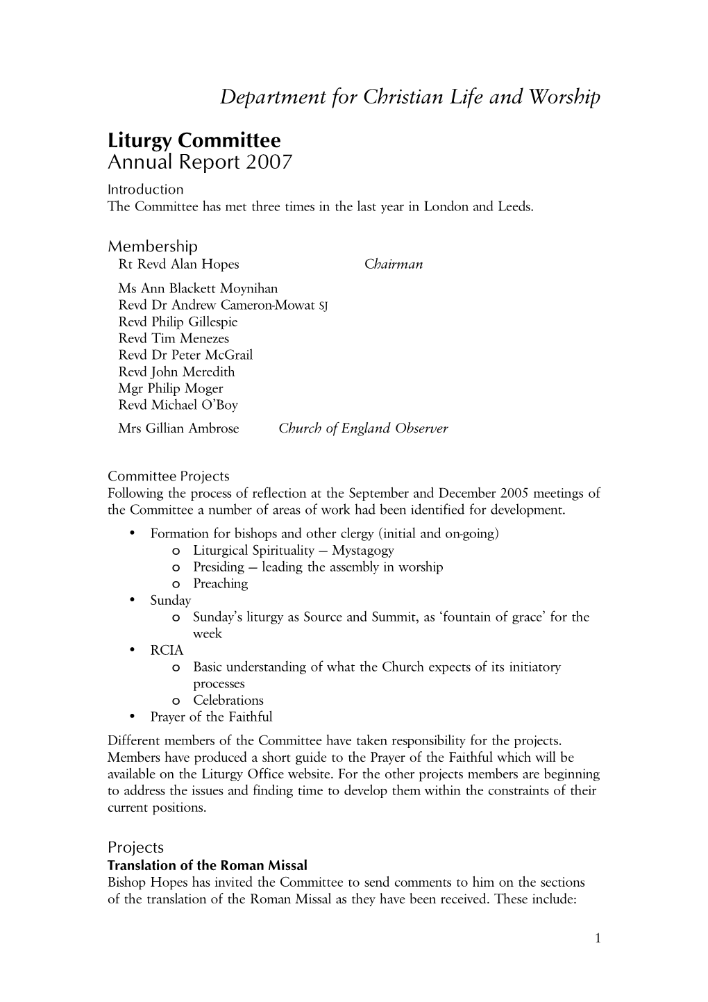 Department for Christian Life and Worship Liturgy Committee Annual Report 2007