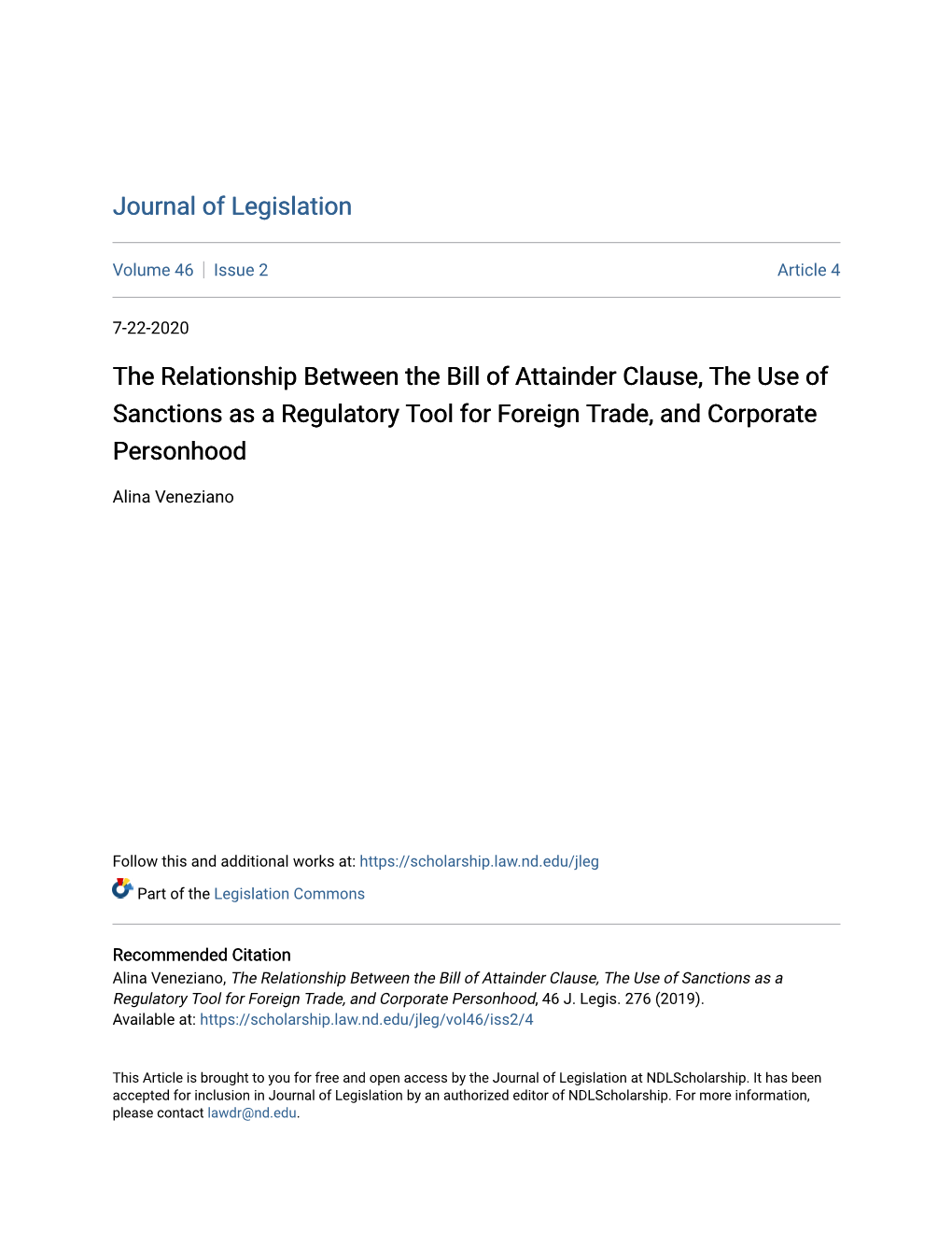 The Relationship Between the Bill of Attainder Clause, the Use of Sanctions As a Regulatory Tool for Foreign Trade, and Corporate Personhood