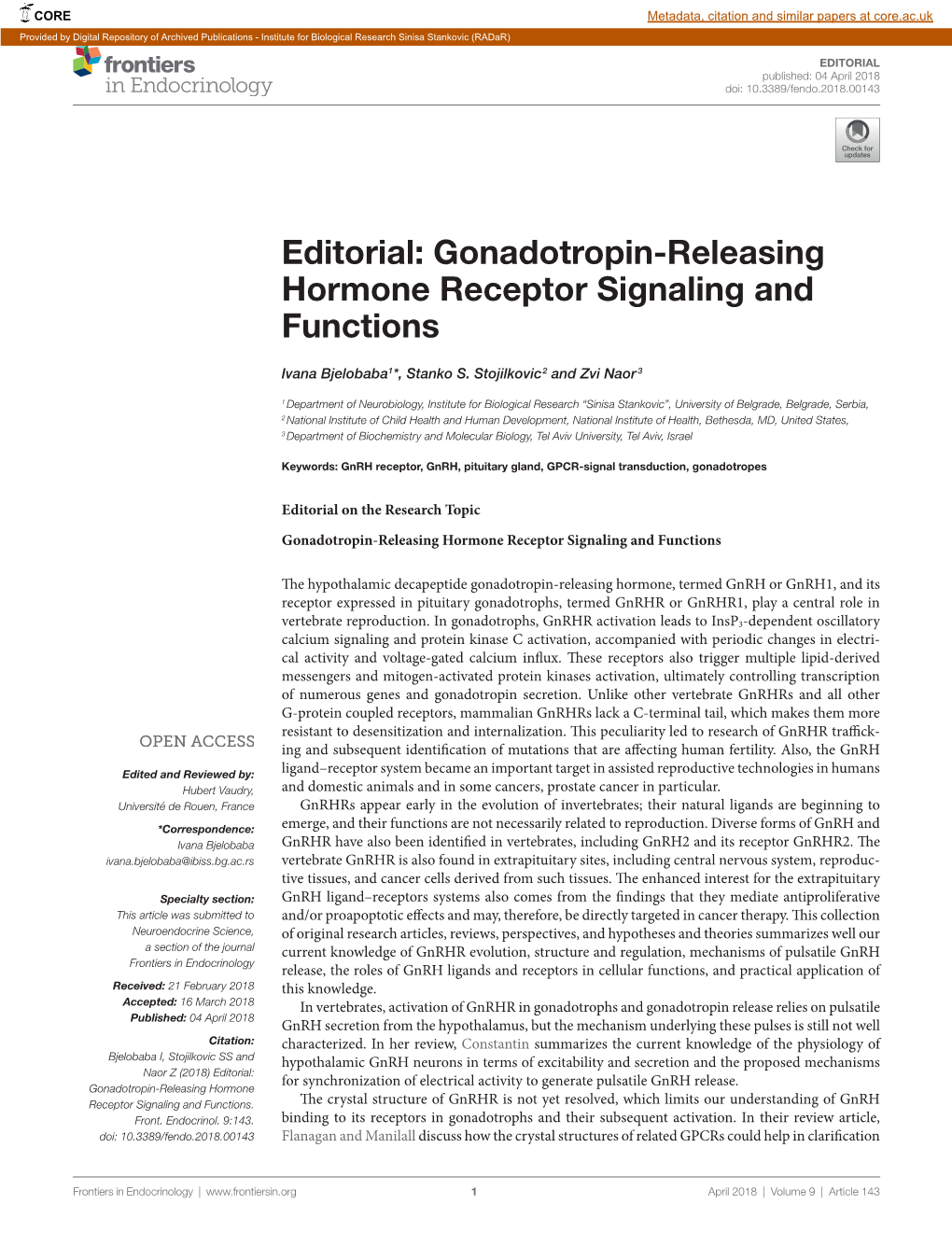Editorial: Gonadotropin-Releasing Hormone Receptor Signaling and Functions