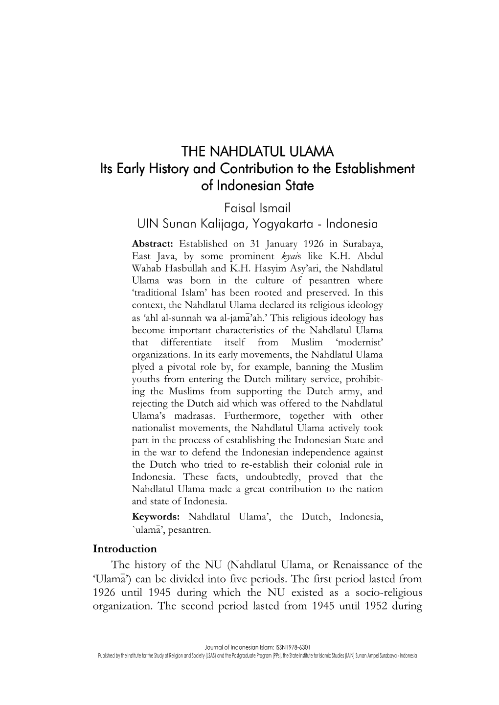 THE NAHDLATUL ULAMA Its Early History and Contribution to The