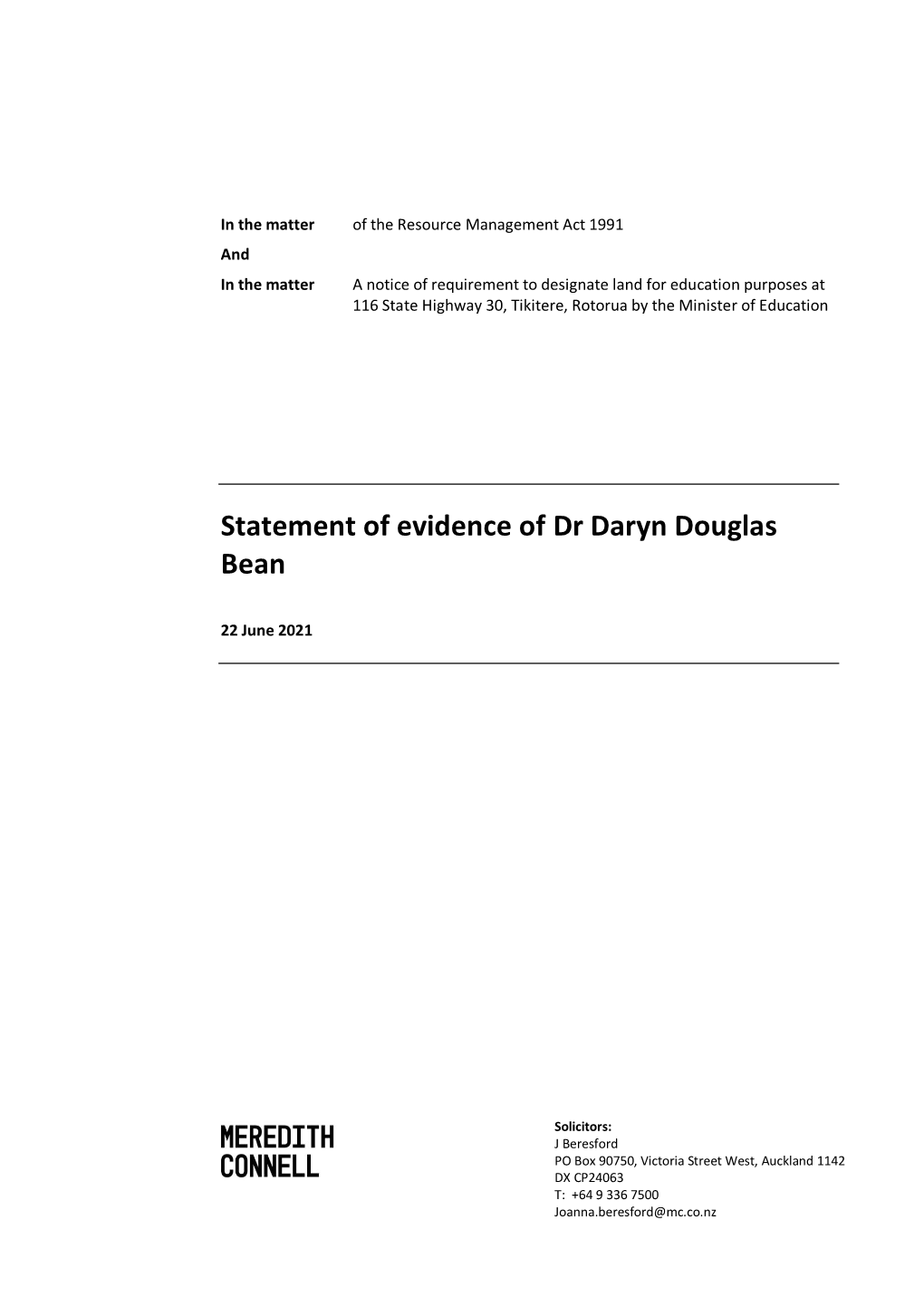 Statement of Evidence of Dr Daryn Douglas Bean