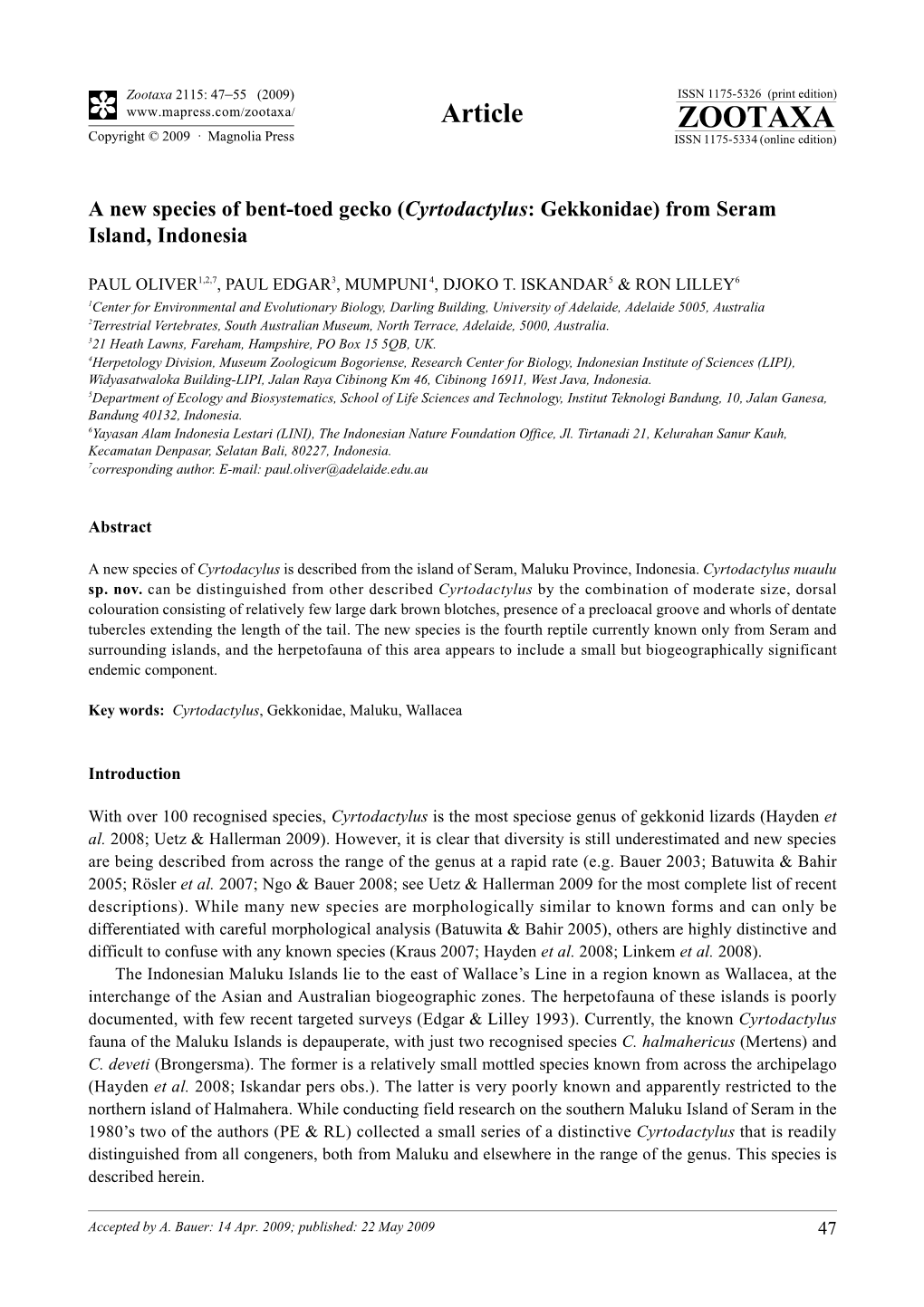 Zootaxa, a New Species of Bent-Toed Gecko (Cyrtodactylus: Gekkonidae