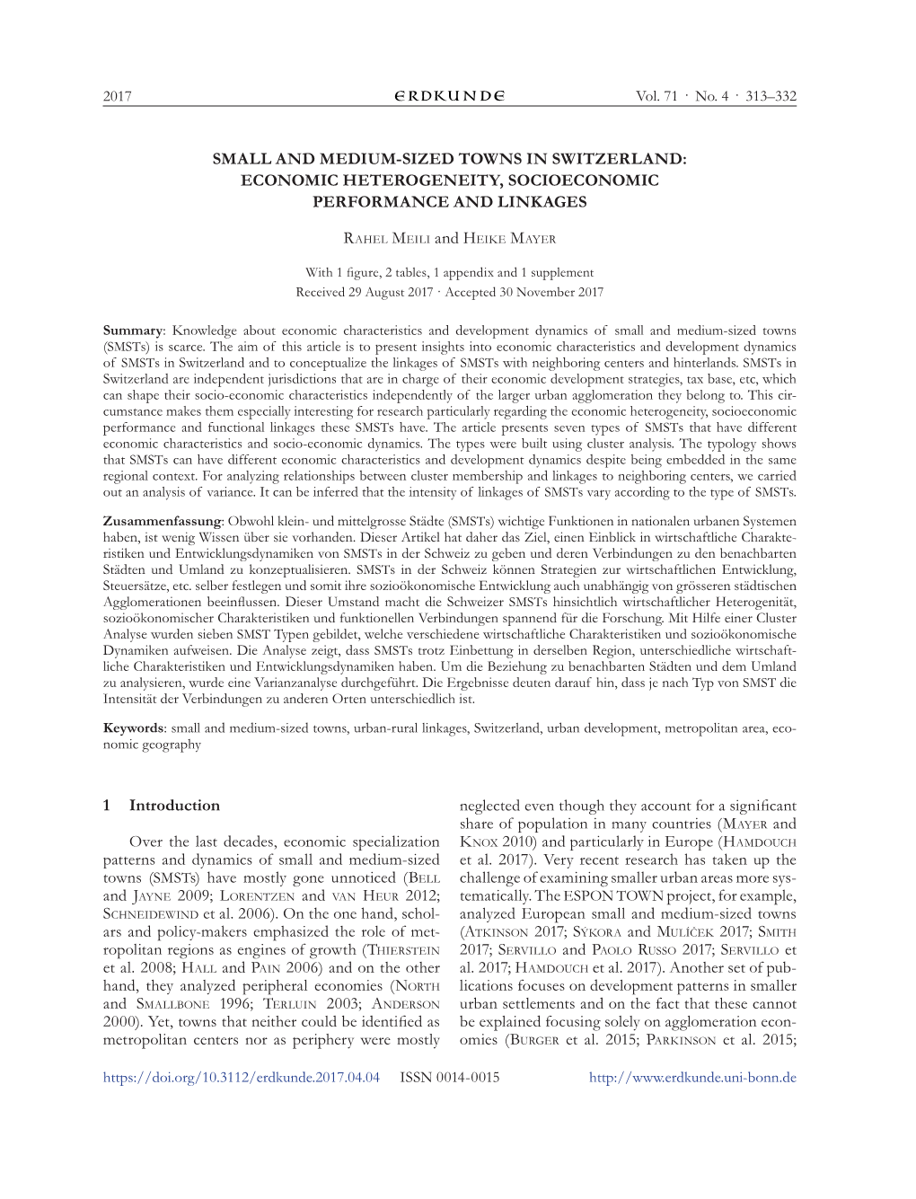 Small and Medium-Sized Towns in Switzerland: Economic Heterogeneity, Socioeconomic Performance and Linkages