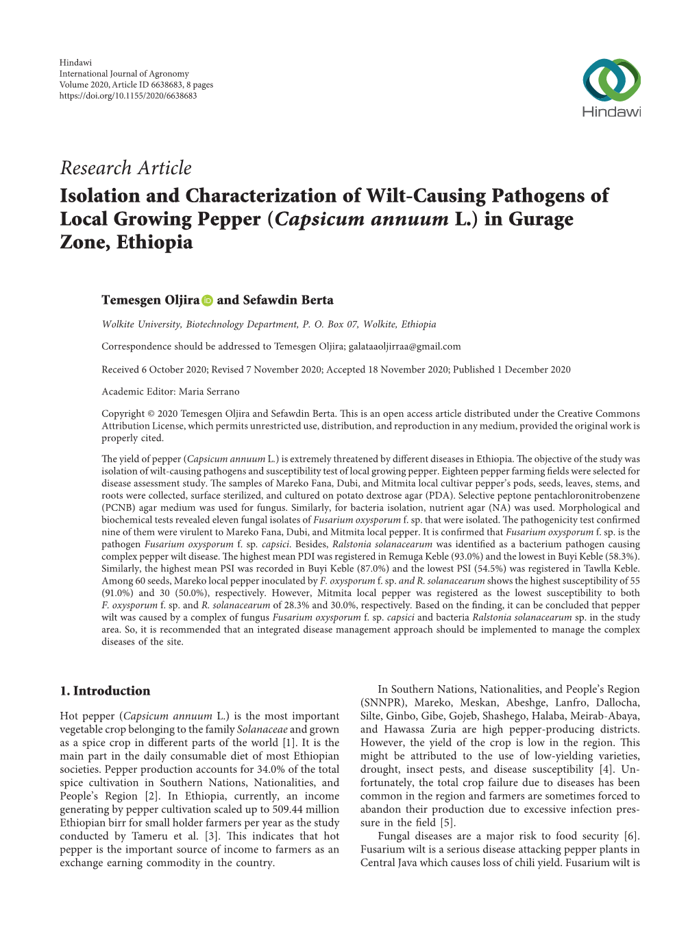 Research Article Isolation and Characterization of Wilt-Causing Pathogens of Local Growing Pepper (Capsicum Annuum L.) in Gurage Zone, Ethiopia