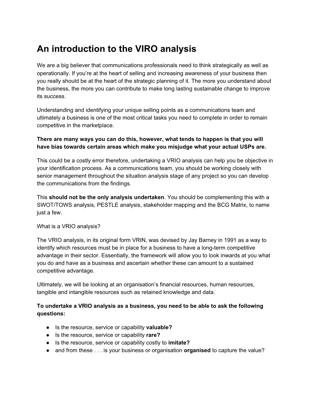 An Introduction to the VIRO Analysis