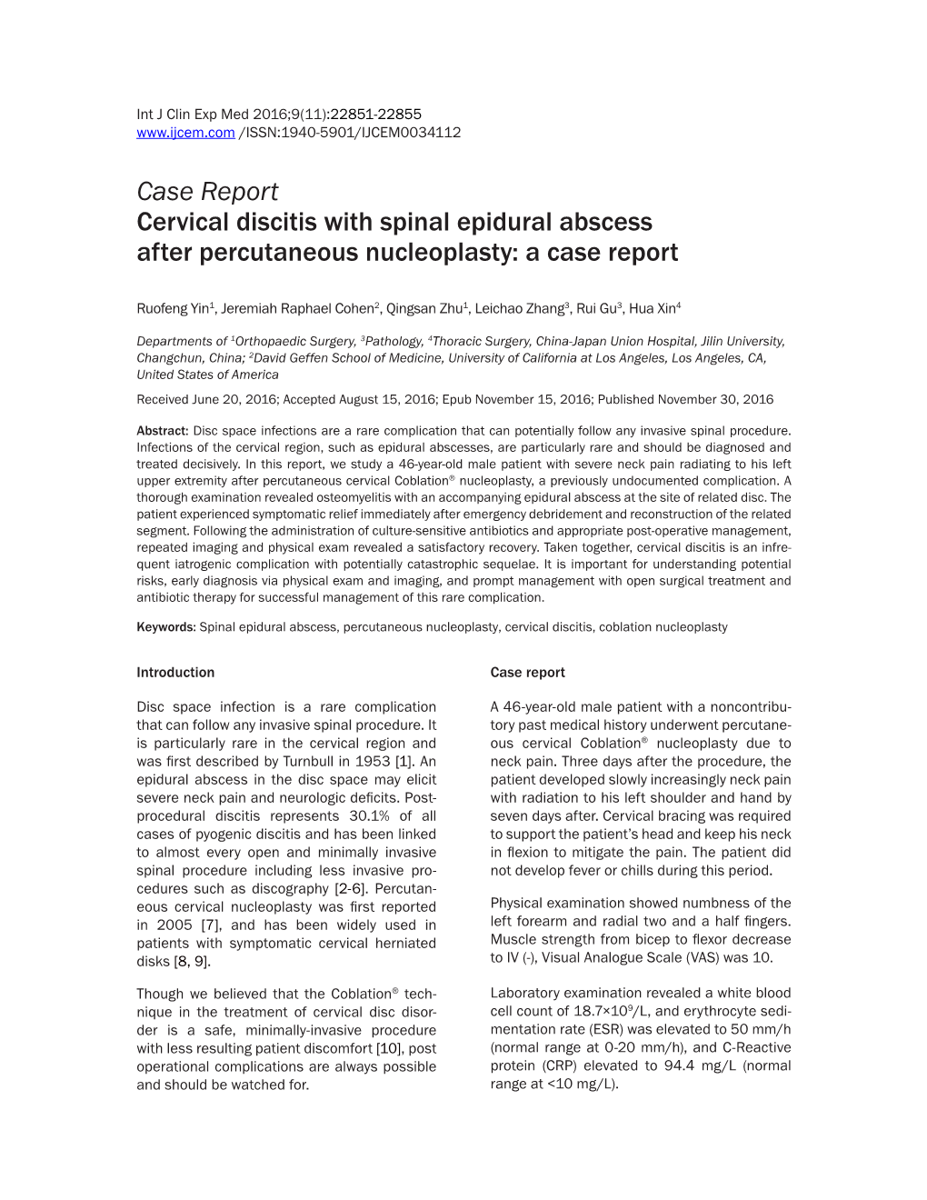 Case Report Cervical Discitis with Spinal Epidural Abscess After Percutaneous Nucleoplasty: a Case Report