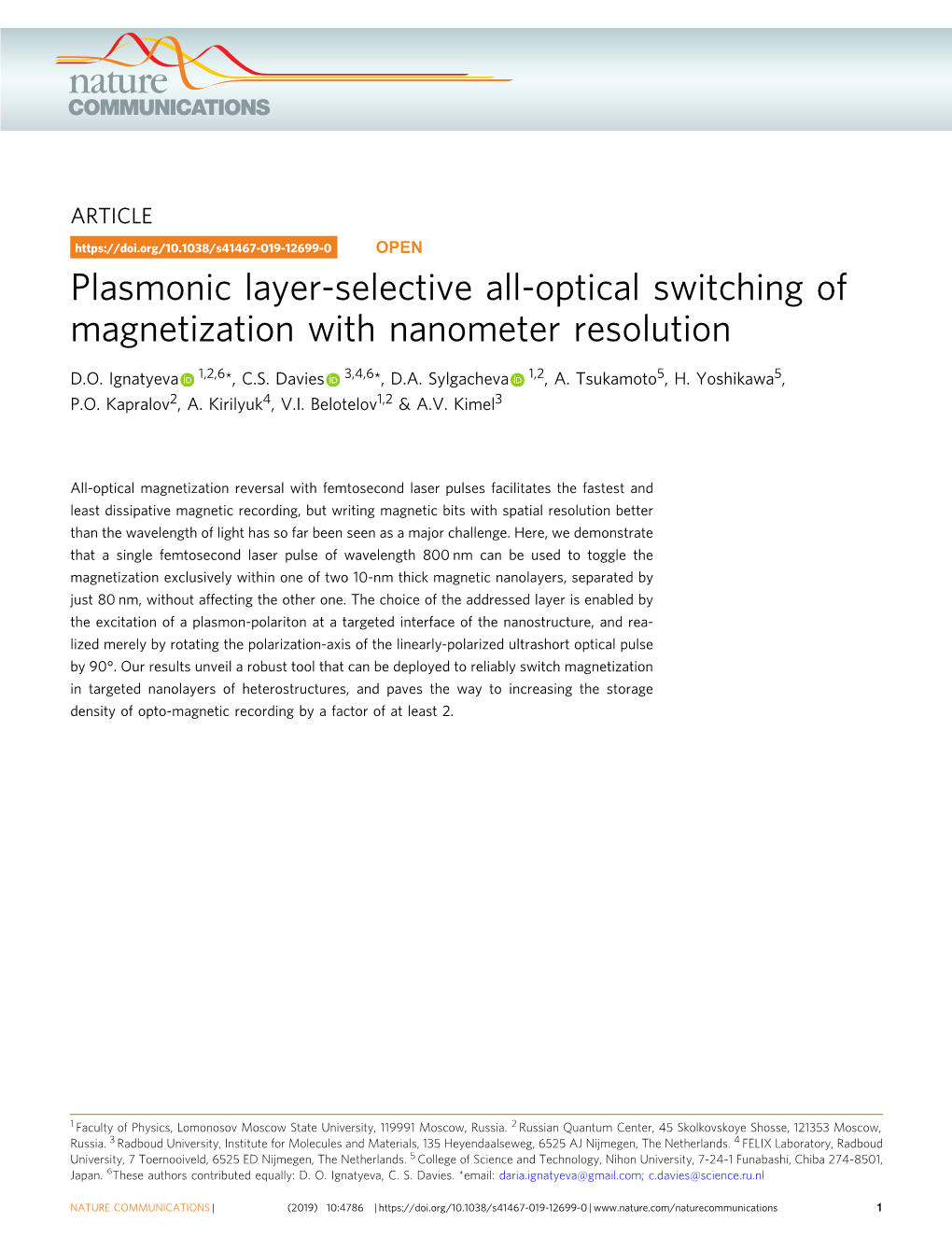 Plasmonic Layer-Selective All-Optical Switching of Magnetization with Nanometer Resolution