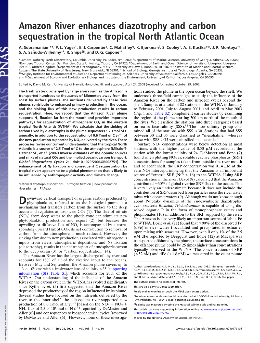 Amazon River Enhances Diazotrophy and Carbon Sequestration in the Tropical North Atlantic Ocean