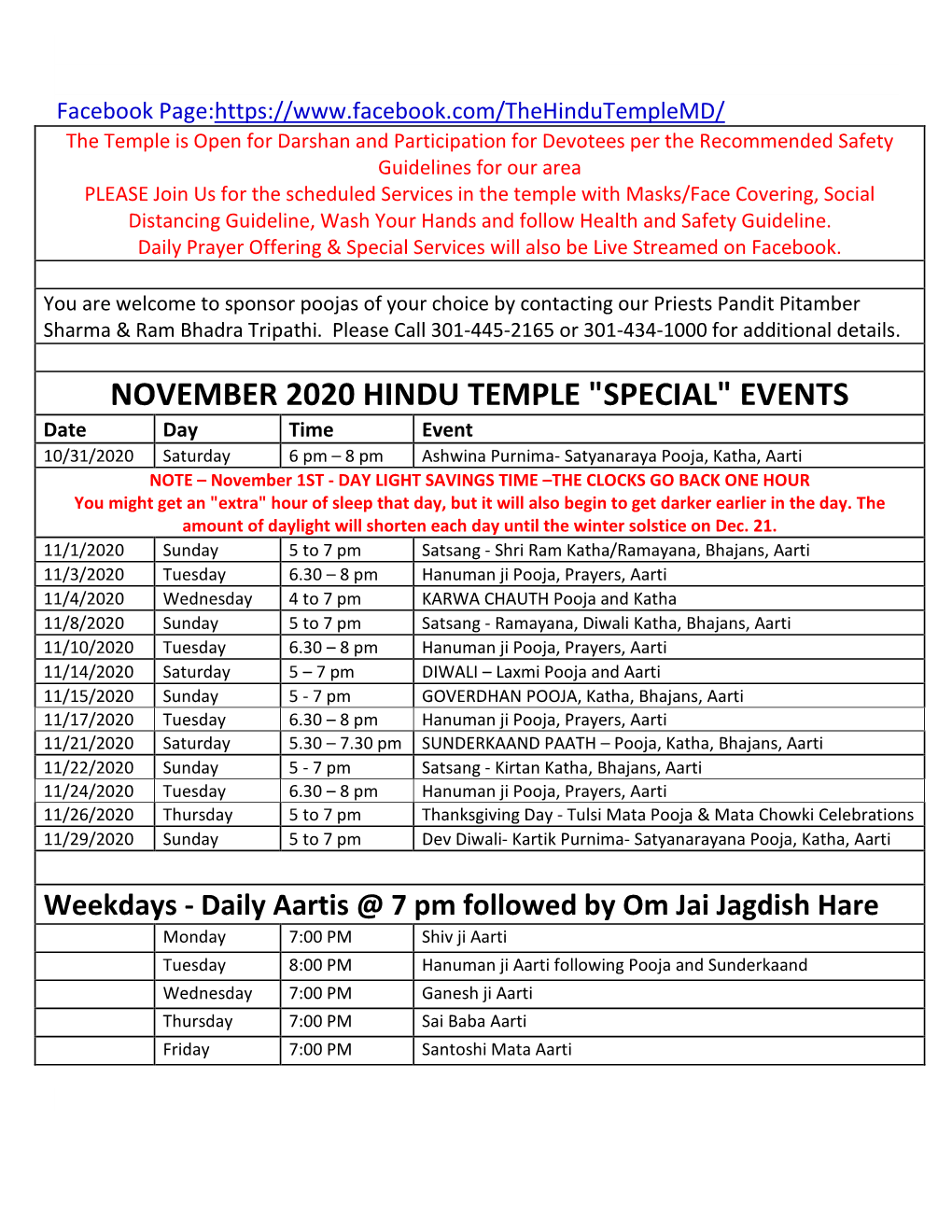 November 2020 Hindu Temple "Special" Events
