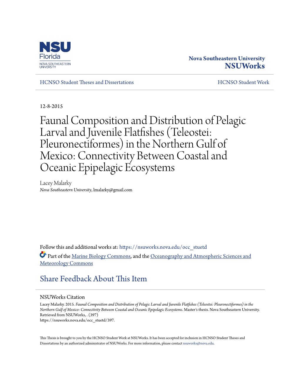 Faunal Composition and Distribution of Pelagic Larval And