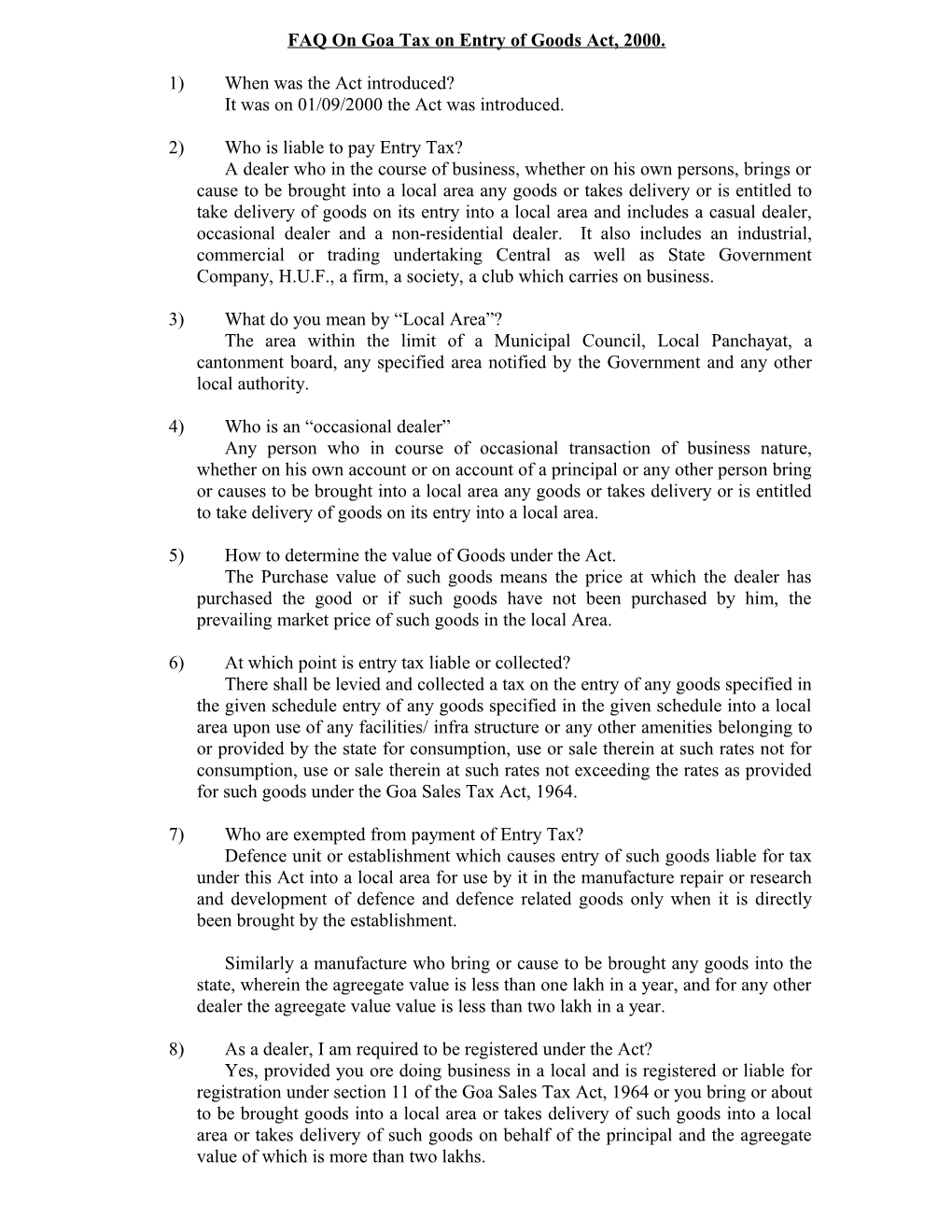 FAO Regarding Goa Tax on Entry of Goods Act, 2000