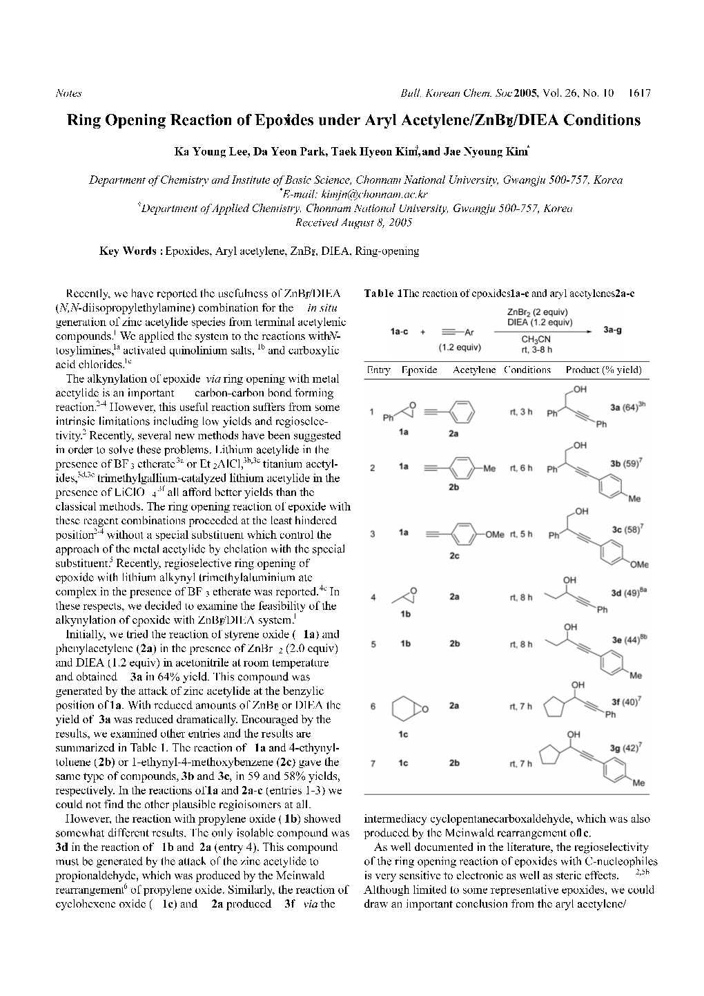 Ring Opening Reaction of Epoxides Under Aryl Acetylene/Znbr2/DIEA Conditions