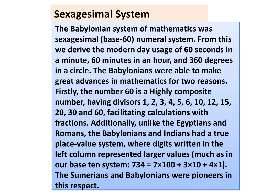 Sexagesimal System the Babylonian Babylonian System System of Mathematics of Mathematics Was Sexagesimal Was (Base - Sexagesimal60) Numeral System (Base