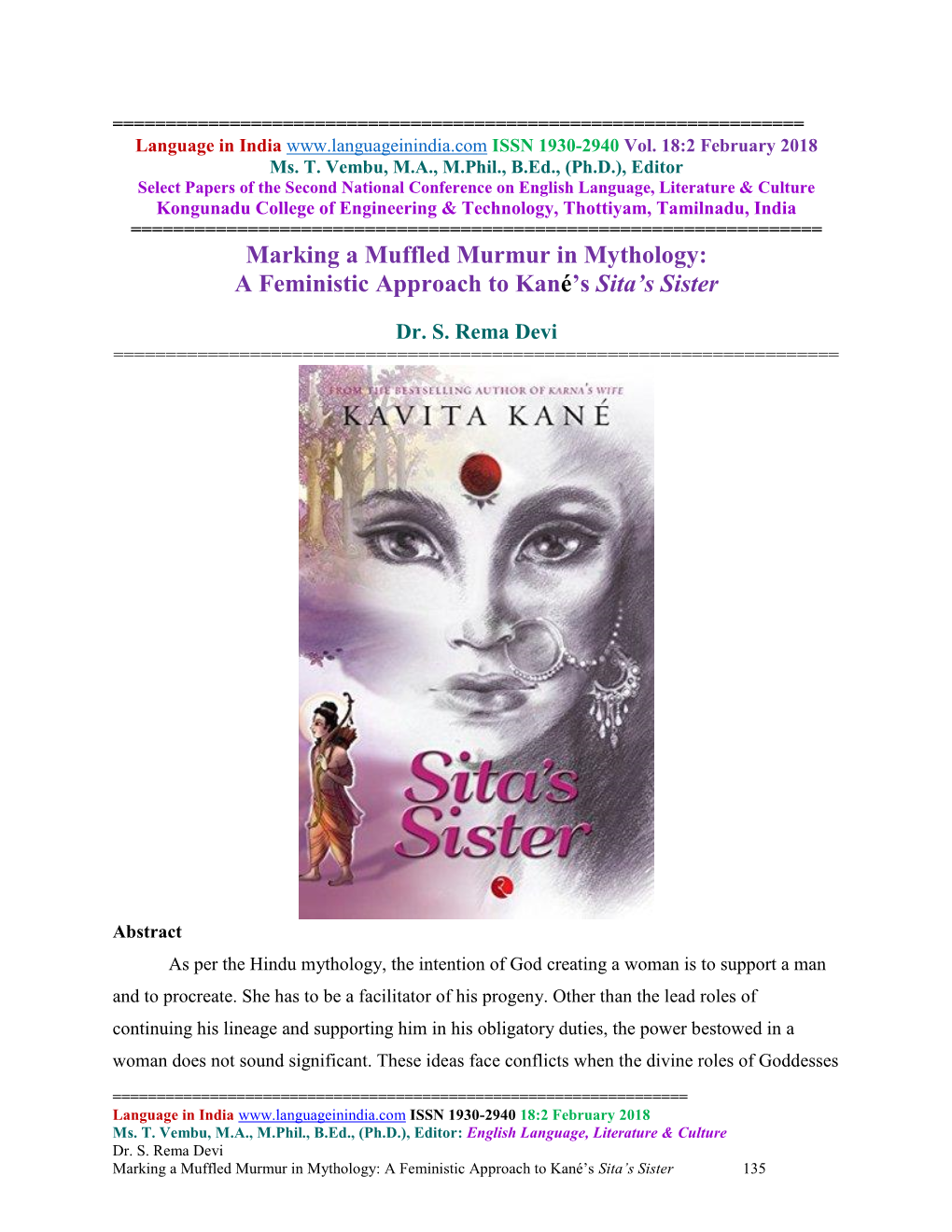 A Feministic Approach to Kané's Sita's Sister