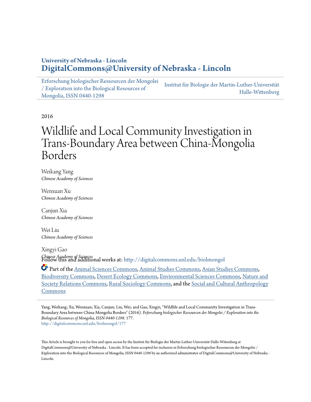 Wildlife and Local Community Investigation in Trans-Boundary Area Between China-Mongolia Borders Weikang Yang Chinese Academy of Sciences