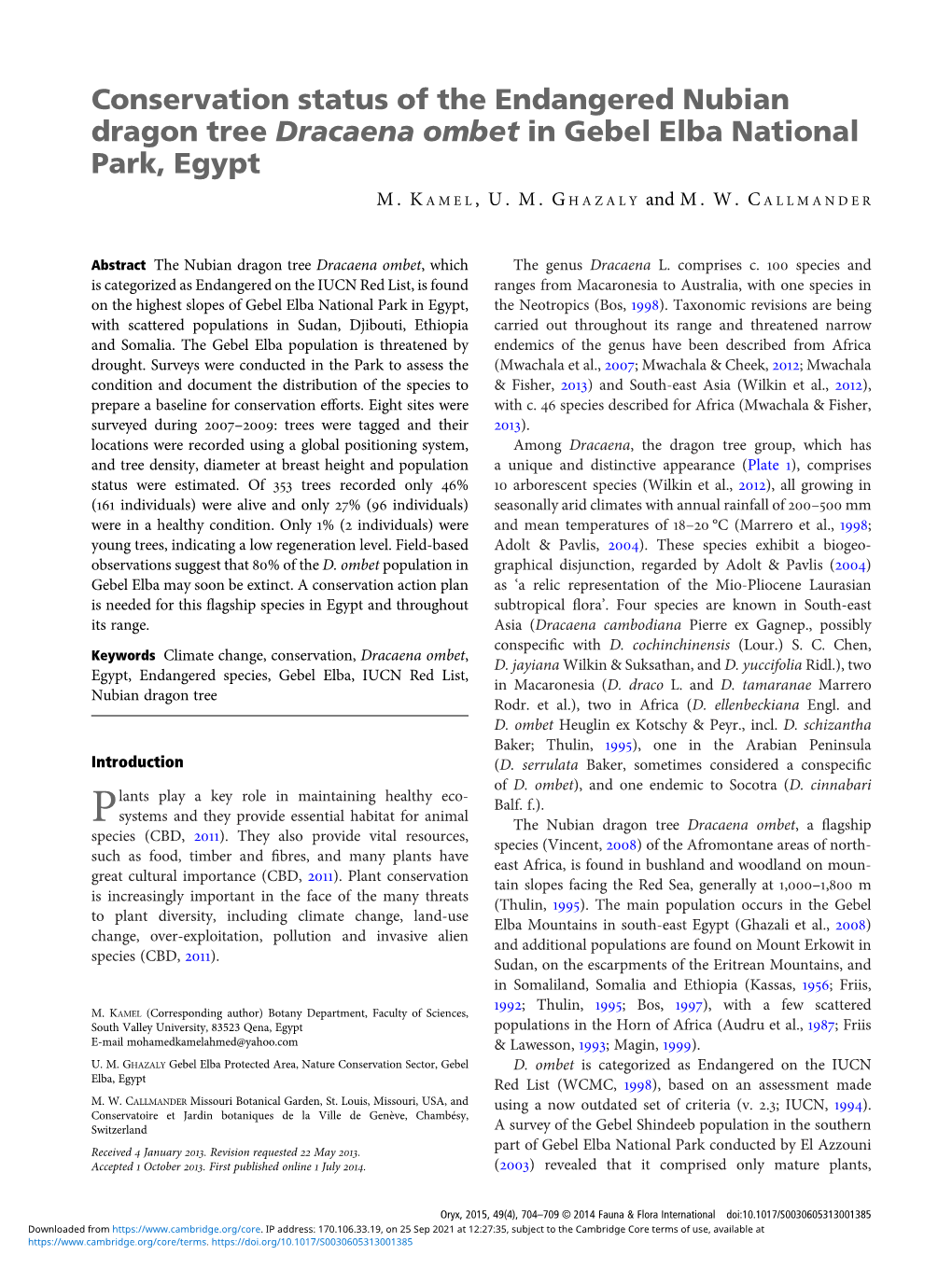 Conservation Status of the Endangered Nubian Dragon Tree Dracaena Ombet in Gebel Elba National Park, Egypt