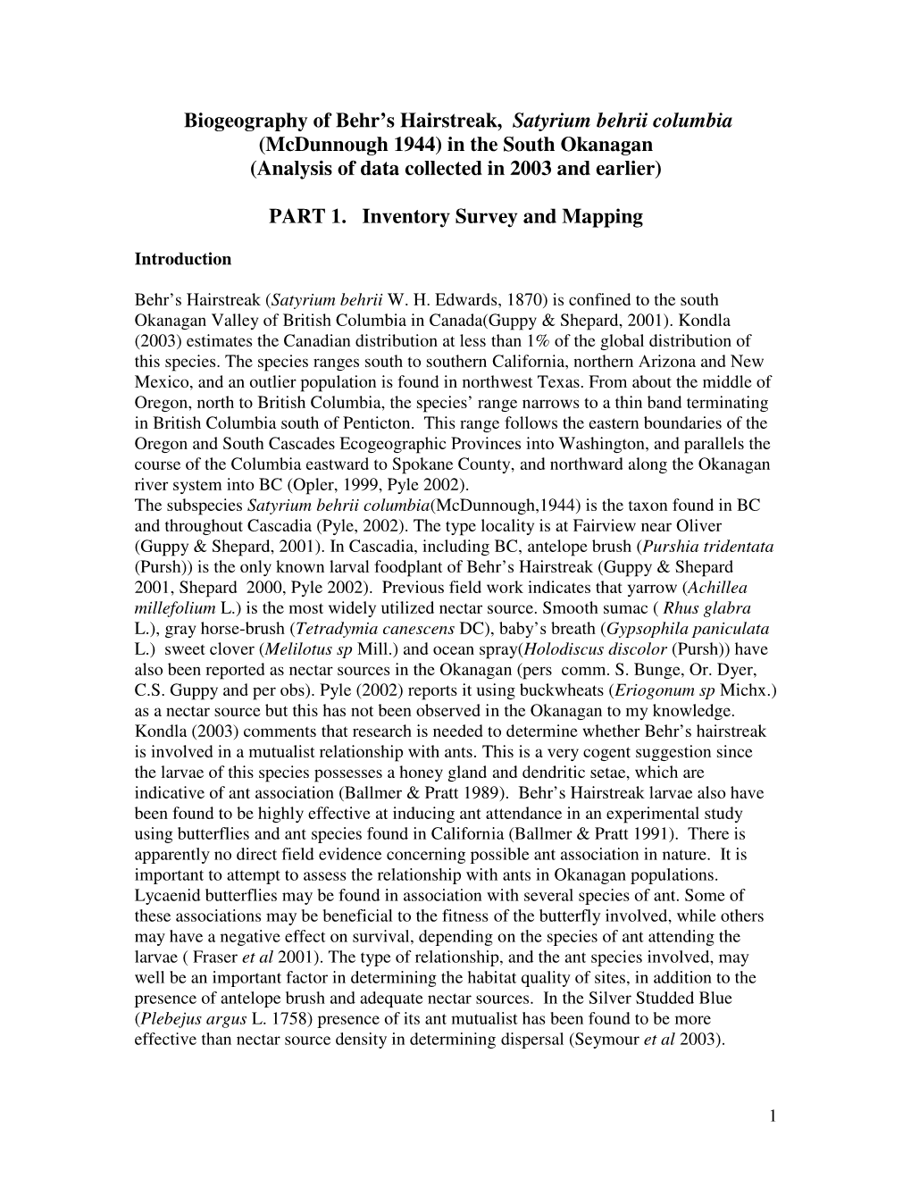 Biogeography of Behr's Hairstreak, Satyrium Behrii Columbia