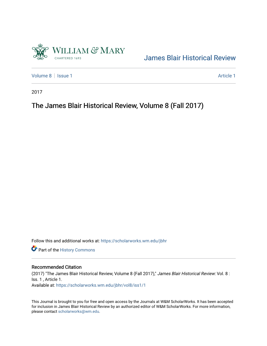 The James Blair Historical Review, Volume 8 (Fall 2017)