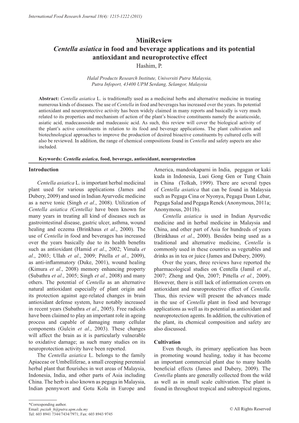 Minireview Centella Asiatica in Food and Beverage Applications and Its Potential Antioxidant and Neuroprotective Effect Hashim, P