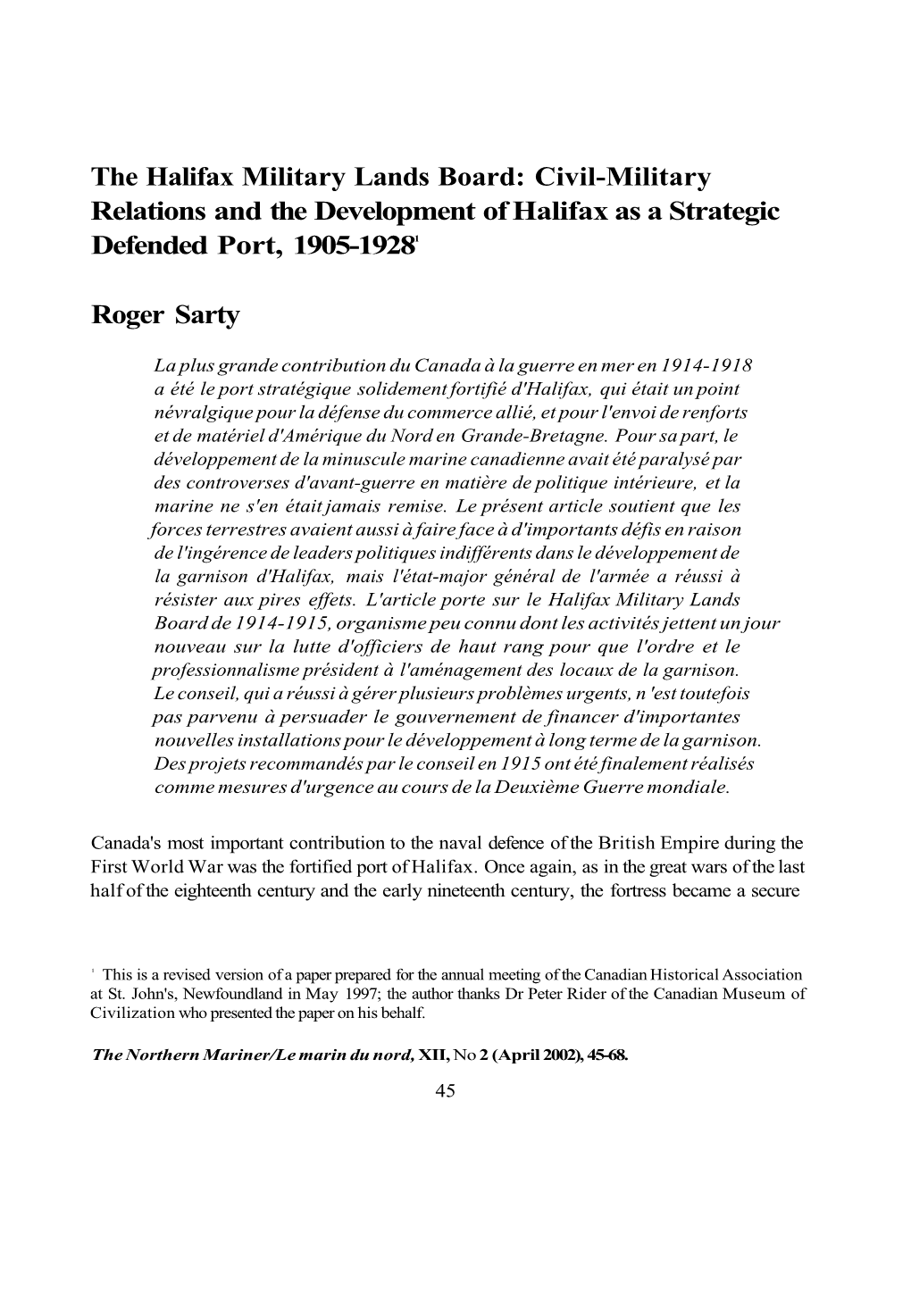 The Halifax Military Lands Board: Civil-Military Relations and the Development of Halifax As a Strategic Defended Port, 1905-19281