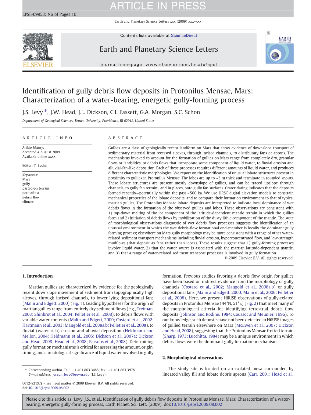 Identification of Gully Debris Flow Deposits in Protonilus Mensae, Mars