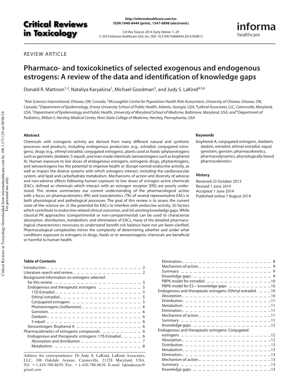 And Toxicokinetics of Selected Exogenous and Endogenous Estrogens: a Review of the Data and Identification of Knowledge Gaps