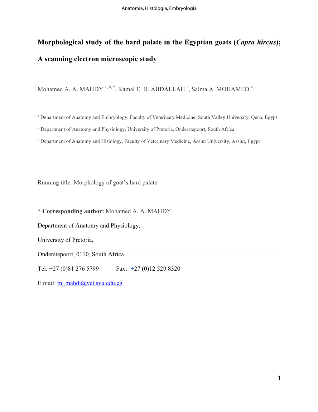 Morphological Study of the Hard Palate in the Egyptian Goats (Capra Hircus);