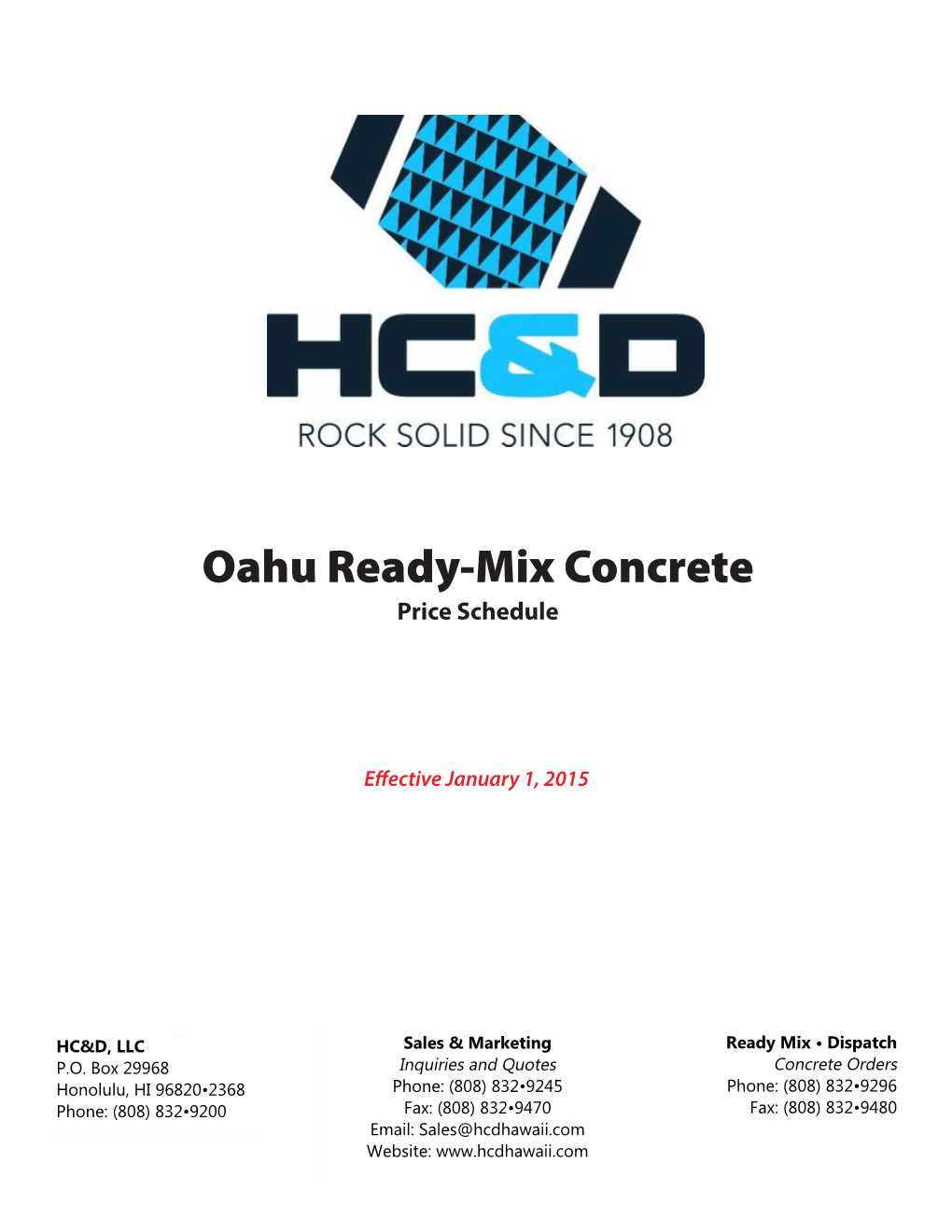 2015 Oahu Ready-Mix Concrete Price Schedule