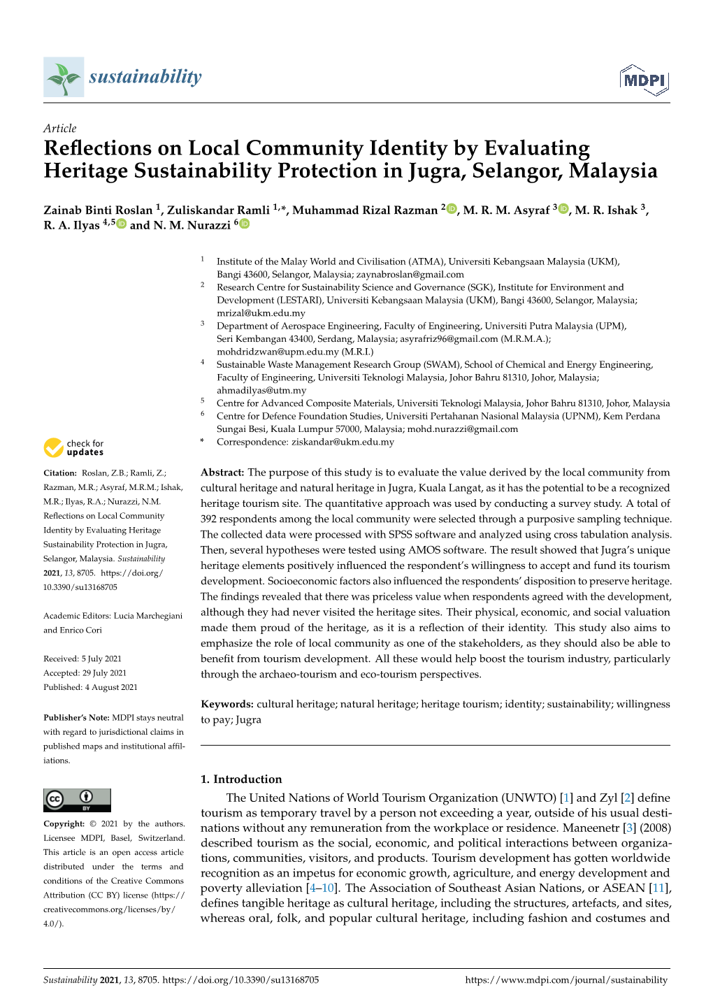 Reflections on Local Community Identity by Evaluating Heritage Sustainability Protection in Jugra, Selangor, Malaysia