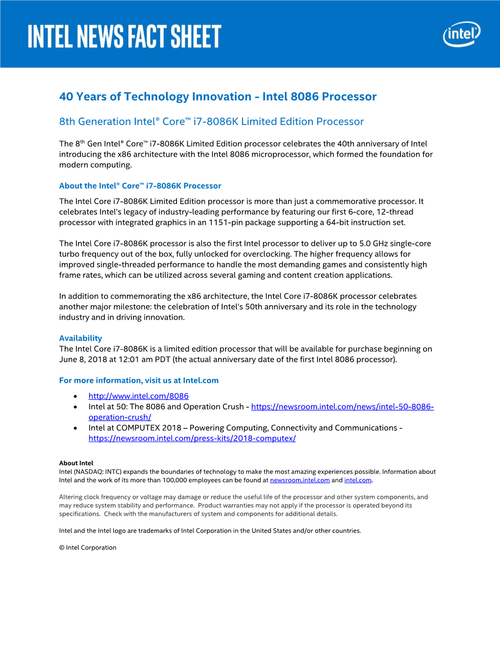 40 Years of Technology Innovation – Intel 8086 Processor Fact Sheet