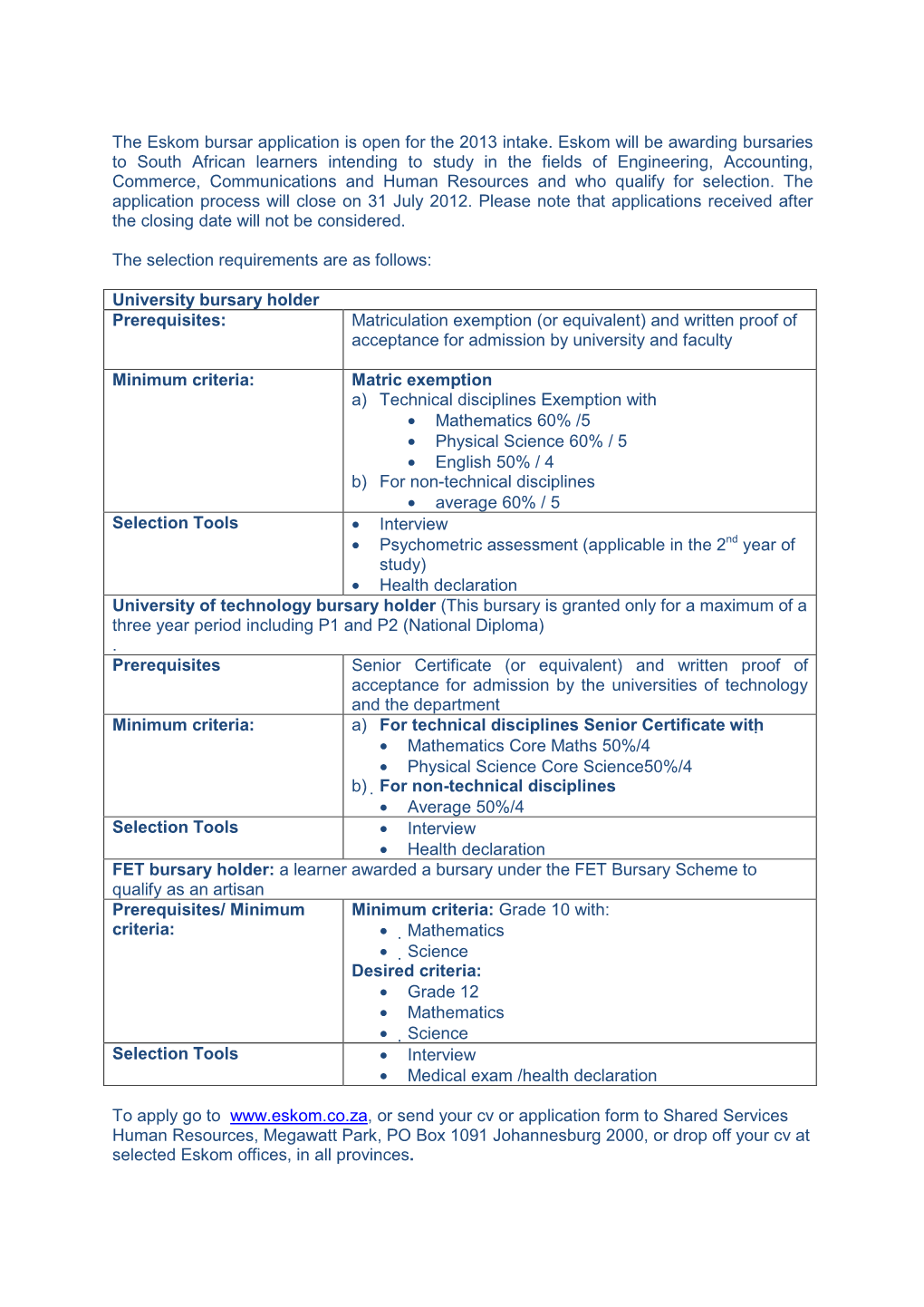 The Eskom Bursar Application Is Open for the 2013 Intake