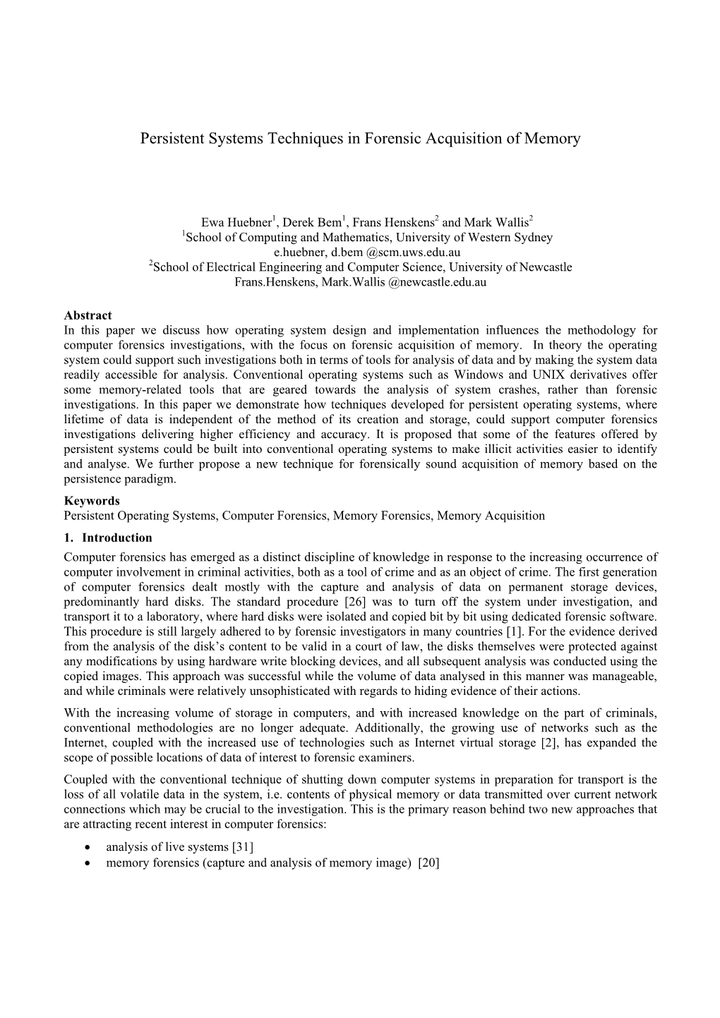 Persistent Systems Techniques in Forensic Acquisition of Memory