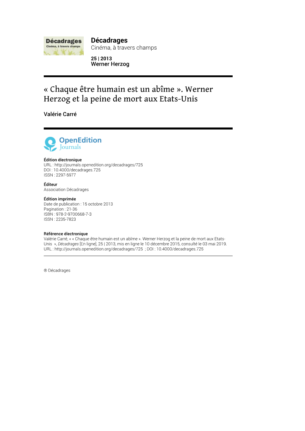 Chaque Être Humain Est Un Abîme ». Werner Herzog Et La Peine De Mort Aux Etats-Unis