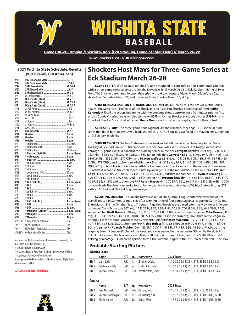 Shockers Host Mavs for Three-Game Series at Eck Stadium March 26-28