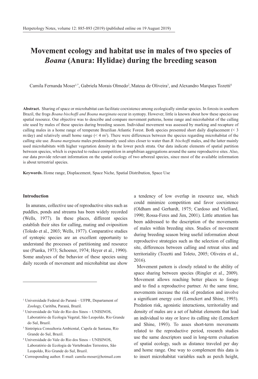 Movement Ecology and Habitat Use in Males of Two Species of Boana (Anura: Hylidae) During the Breeding Season