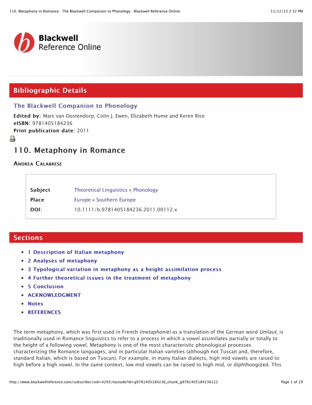 110. Metaphony in Romance : the Blackwell Companion to Phonology : Blackwell Reference Online 11/12/13 2:32 PM